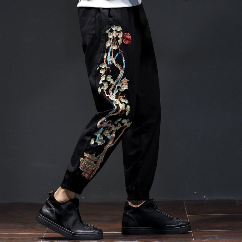 男性用の伸縮性ウエストバンド付きプリントパンツ,刺繍入りポケ - Mens Fashion Young のレビューと価格