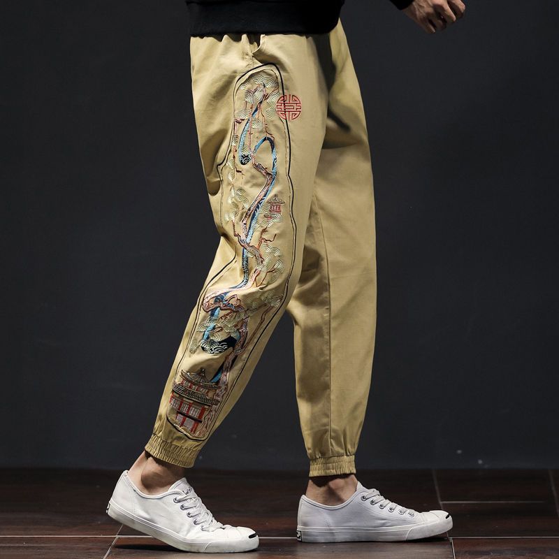 男性用の伸縮性ウエストバンド付きプリントパンツ,刺繍入りポケ - Mens Fashion Young のレビューと価格