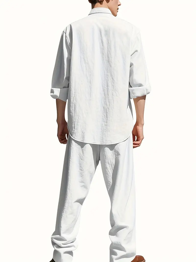 メンズ白リネンスーツセット 長袖ヘンリーシャツと伸縮性ウエス - Linen Shirt Summer のレビューと価格