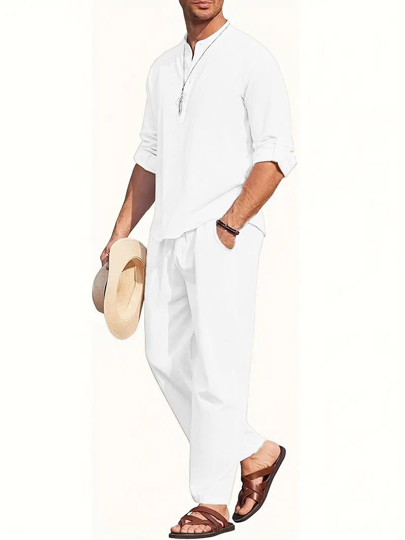 メンズ白リネンスーツセット 長袖ヘンリーシャツと伸縮性ウエス - Linen Shirt Summer のレビューと価格