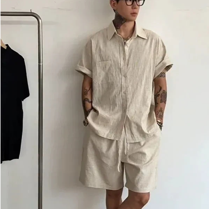 メンズリネンコットン2ピースセット、ゆったりとした半袖シャツ - Linen Shirt Summer のレビューと価格