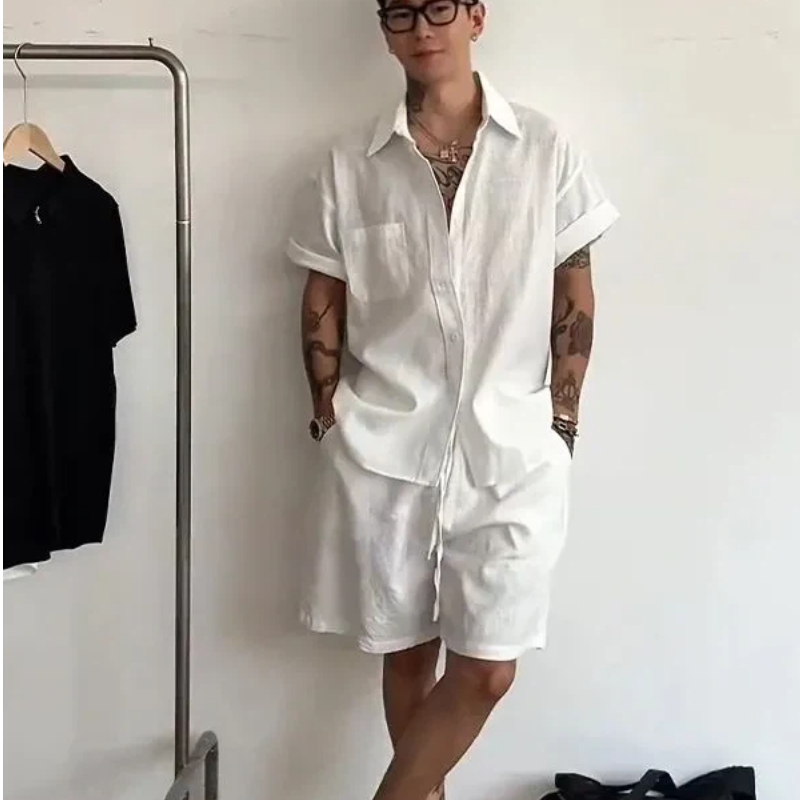 メンズリネンコットン2ピースセット、ゆったりとした半袖シャツ - Linen Shirt Summer のレビューと価格
