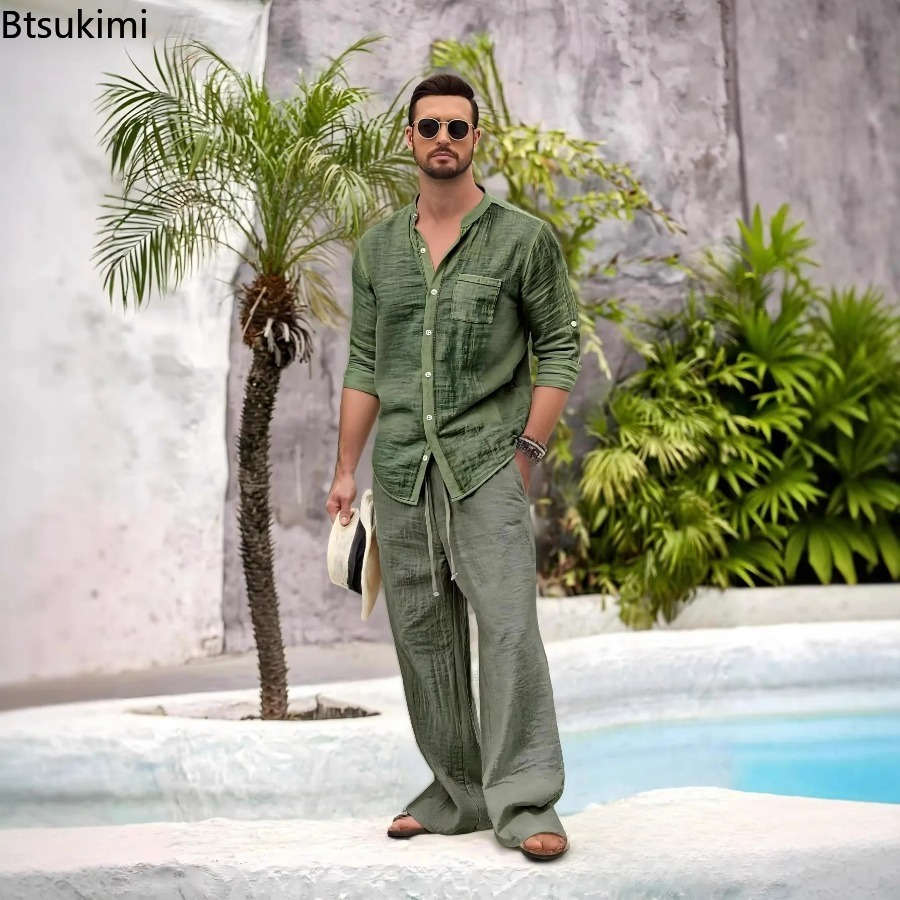 メンズカジュアル綿麻2点セット スタンドカラーシャツ モダン - Linen Shirt Summer のレビューと価格