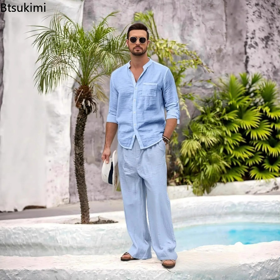 メンズカジュアル綿麻2点セット スタンドカラーシャツ モダン - Linen Shirt Summer のレビューと価格