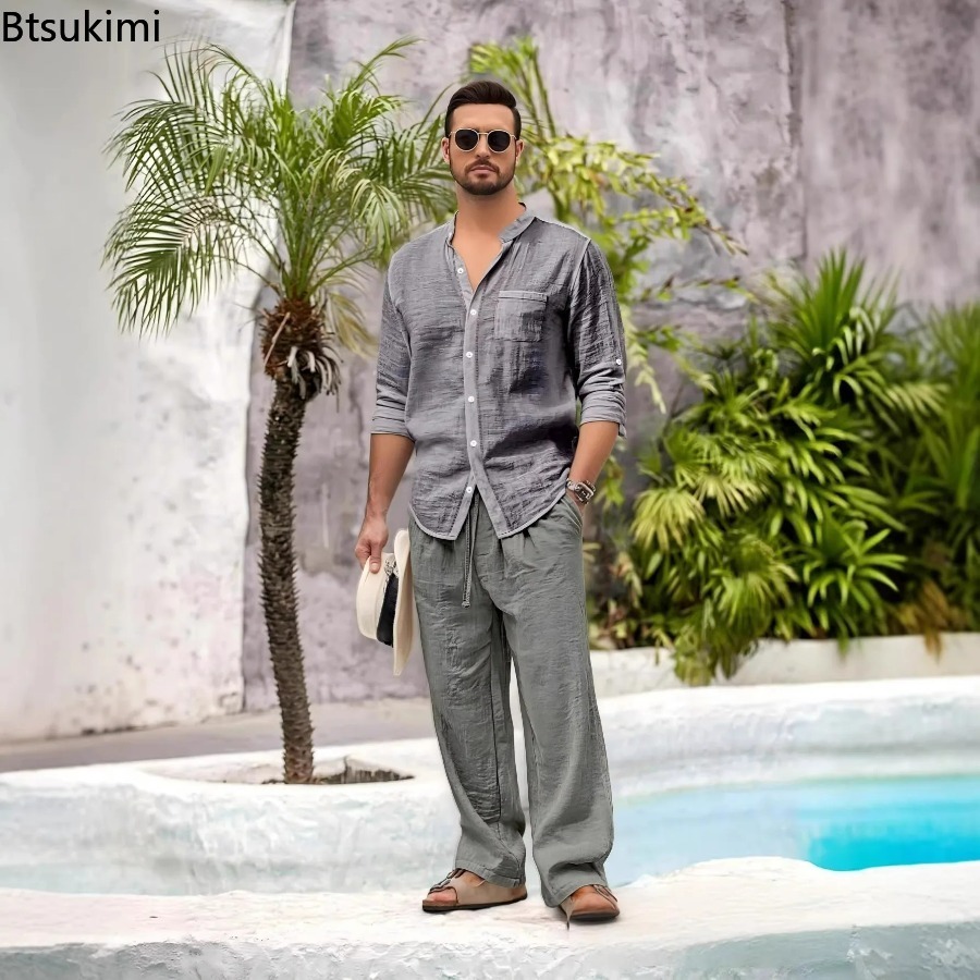 メンズカジュアル綿麻2点セット スタンドカラーシャツ モダン - Linen Shirt Summer のレビューと価格