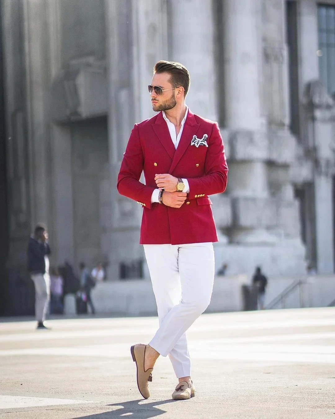 赤いジャケット、白いパンツ、ダブルブレストのファッショナブル - Mens Fashion Blazer のレビューと価格