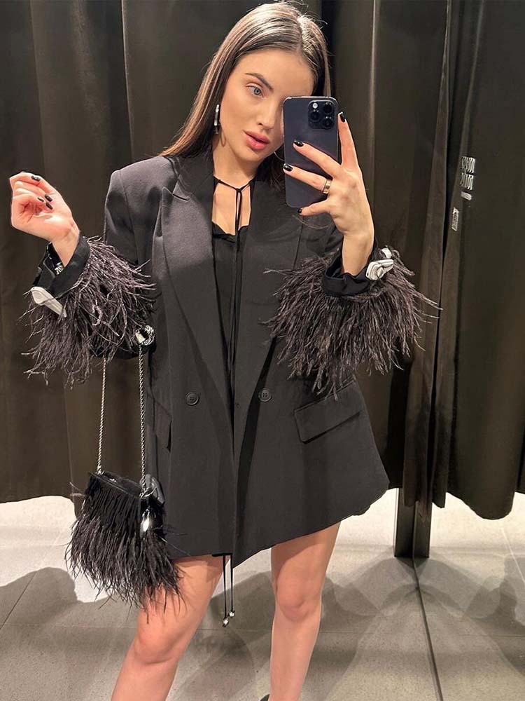 女性のファッションシックな黒と羽のブレザージャケットエレガン - Men'S Fashion All Black Outfit のレビューと価格