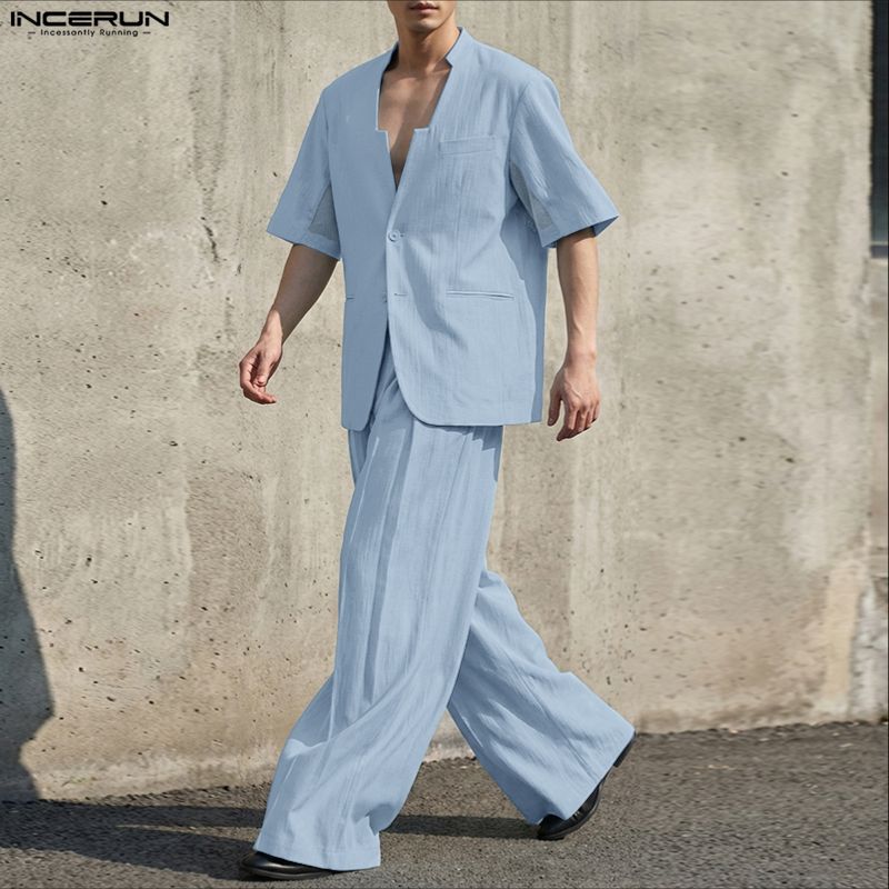 INCERUN メンズセットアップ 無地Vネック半袖ブレザー - Mens Fashion Blazer のレビューと価格