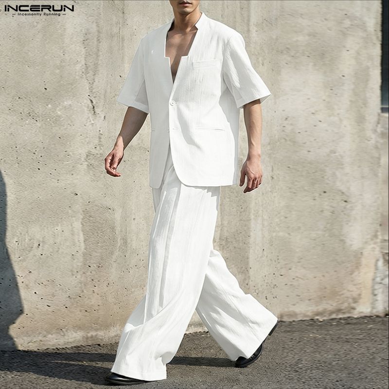 INCERUN メンズセットアップ 無地Vネック半袖ブレザー - Mens Fashion Blazer のレビューと価格