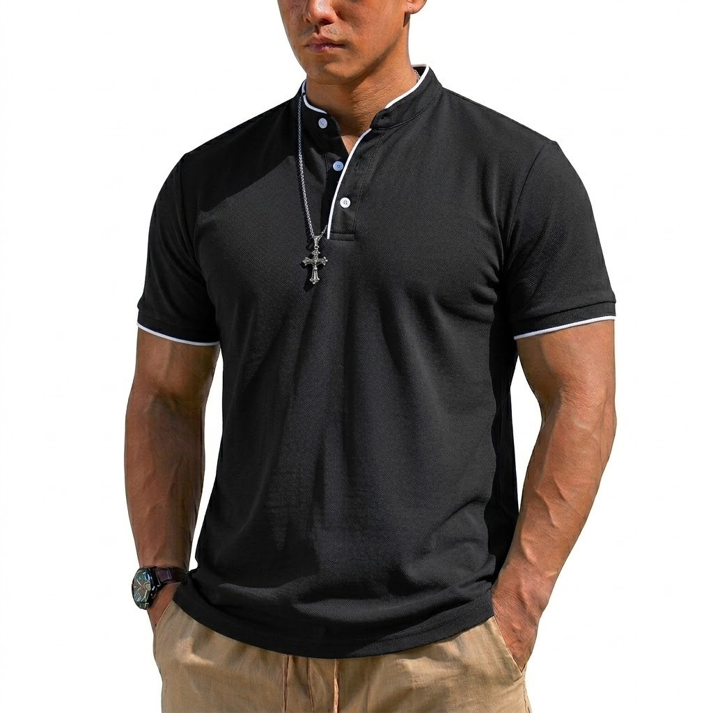 夏半袖ヘンリーシャツ男性ボタンポロシャツクラシック襟なし T - Men'S Fashion Polo のレビューと価格