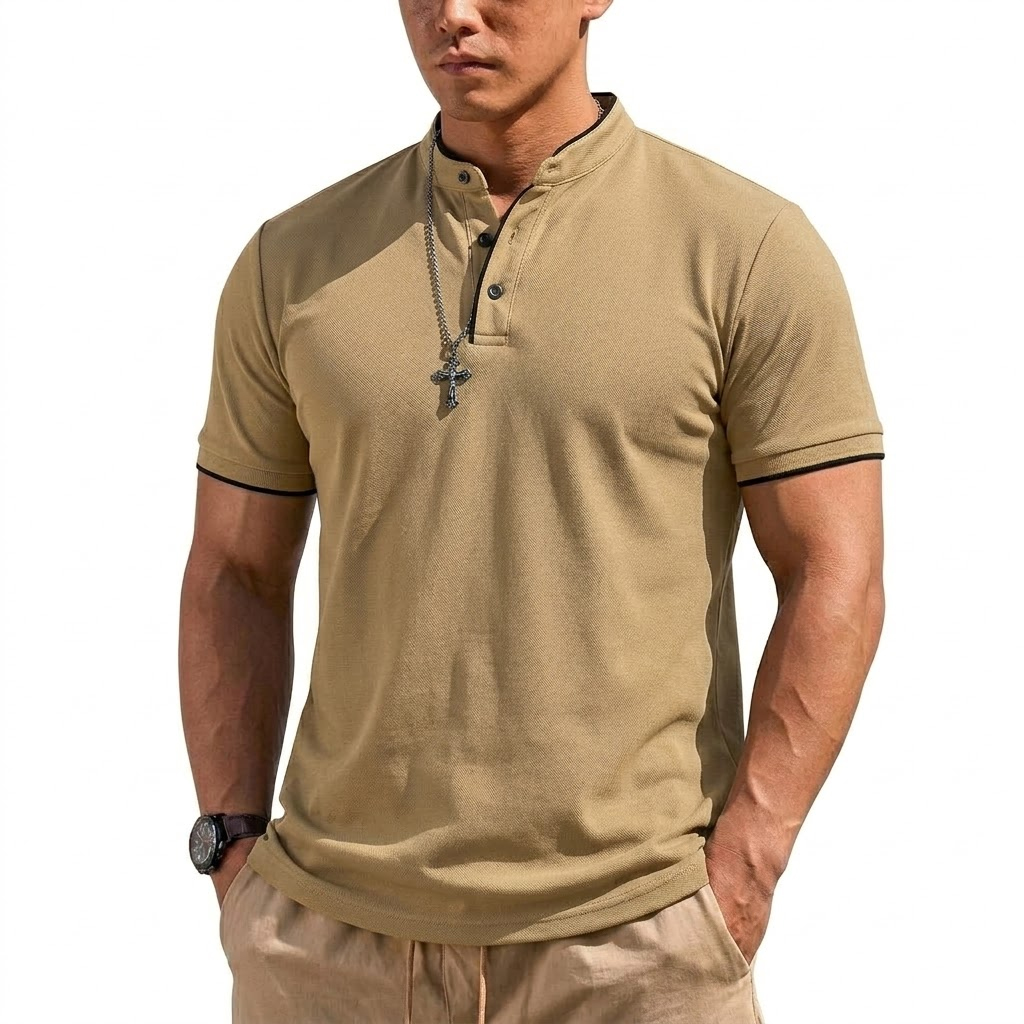 夏半袖ヘンリーシャツ男性ボタンポロシャツクラシック襟なし T - Men'S Fashion Polo のレビューと価格