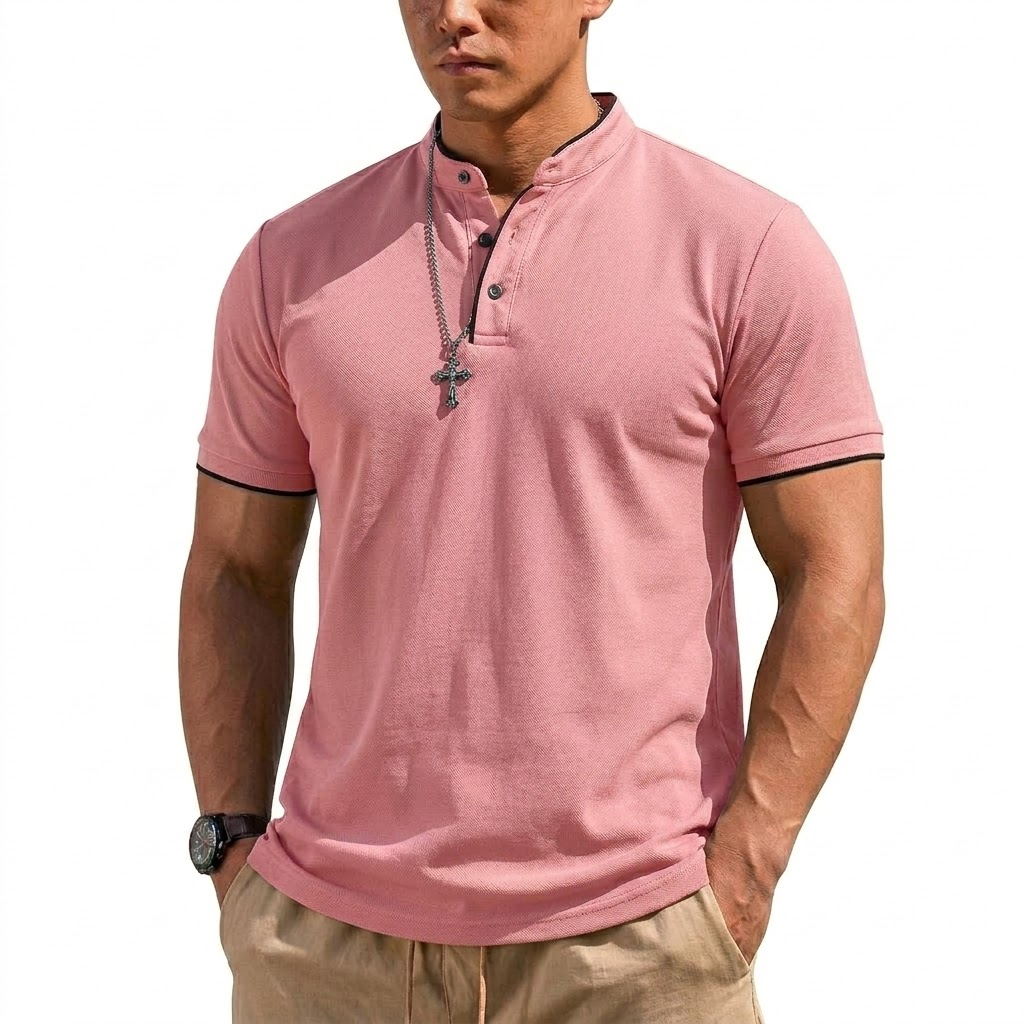夏半袖ヘンリーシャツ男性ボタンポロシャツクラシック襟なし T - Men'S Fashion Polo のレビューと価格