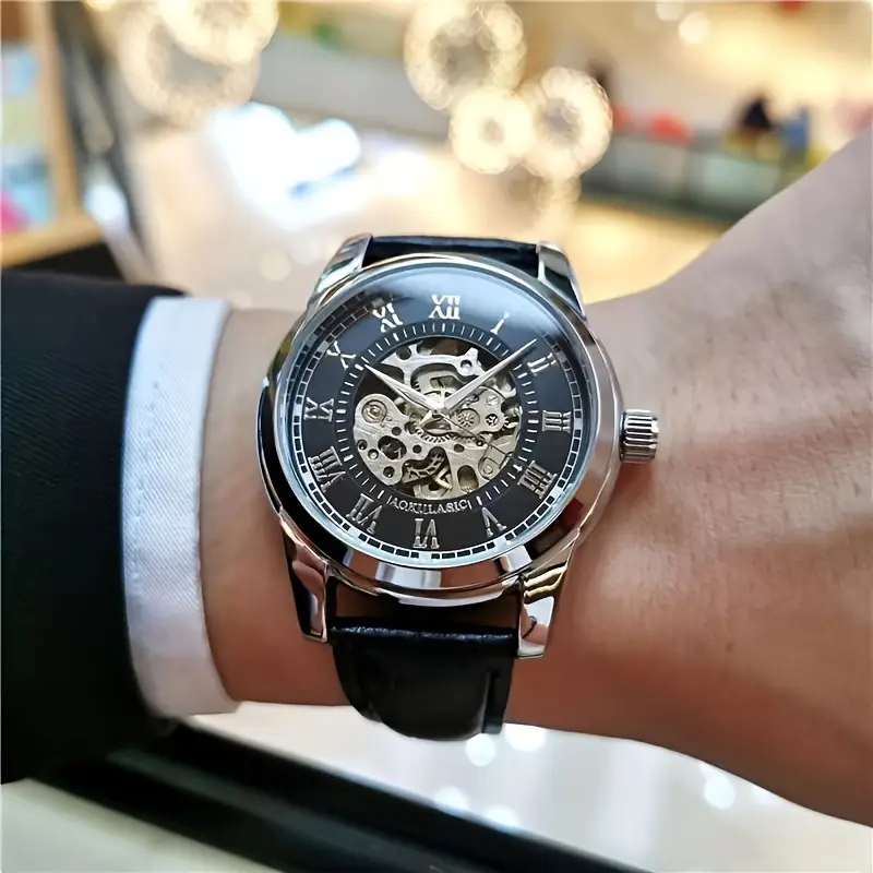 エレガントなメンズ自動機械式時計、スケルトンデザイン、レザー - Mens Fashion Young のレビューと価格
