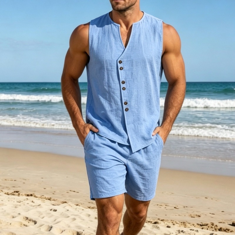メンズシンプル無地リネンノースリーブベストシャツショーツセッ - Linen Shirt Summer のレビューと価格