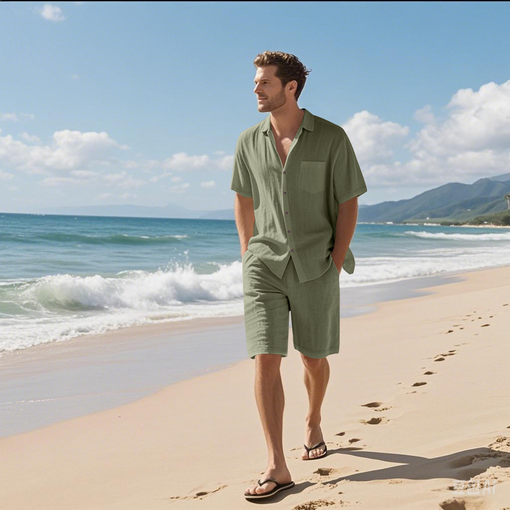 メンズリネンテクスチャードツーピースセット、襟付き半袖シャツ - Linen Shirt Summer のレビューと価格