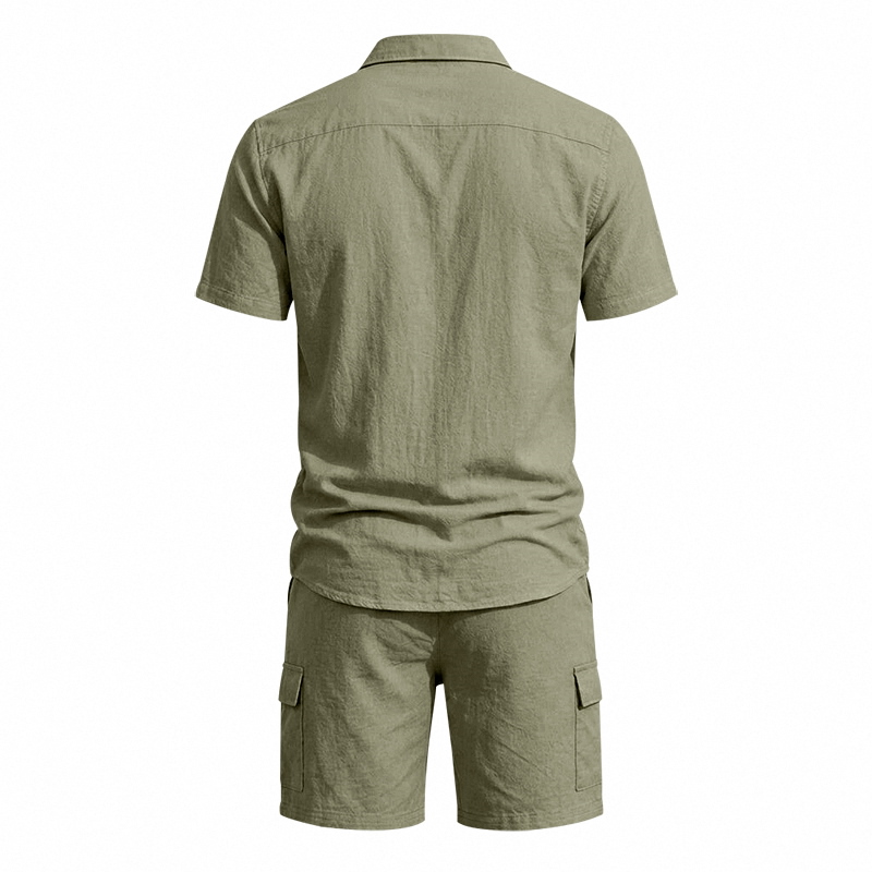 メンズ夏アメリカンリネンツーピースセット半袖シャツドロースト - Linen Shirt Summer のレビューと価格
