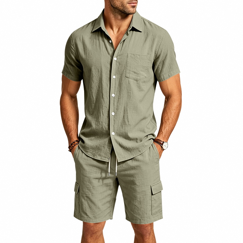 メンズ夏アメリカンリネンツーピースセット半袖シャツドロースト - Linen Shirt Summer のレビューと価格