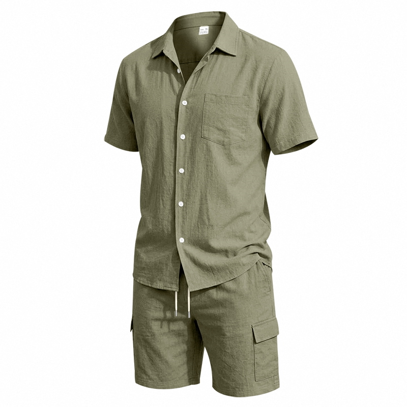 メンズ夏アメリカンリネンツーピースセット半袖シャツドロースト - Linen Shirt Summer のレビューと価格