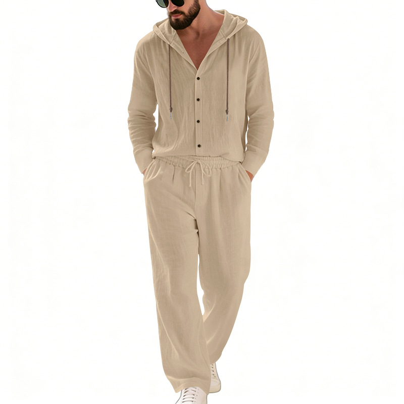 メンズリネンカジュアル、フード付きボタンシャツストレートパン - Linen Shirt Summer のレビューと価格