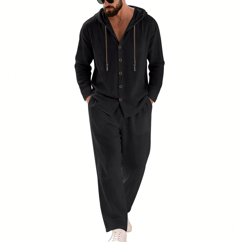 メンズリネンカジュアル、フード付きボタンシャツストレートパン - Linen Shirt Summer のレビューと価格